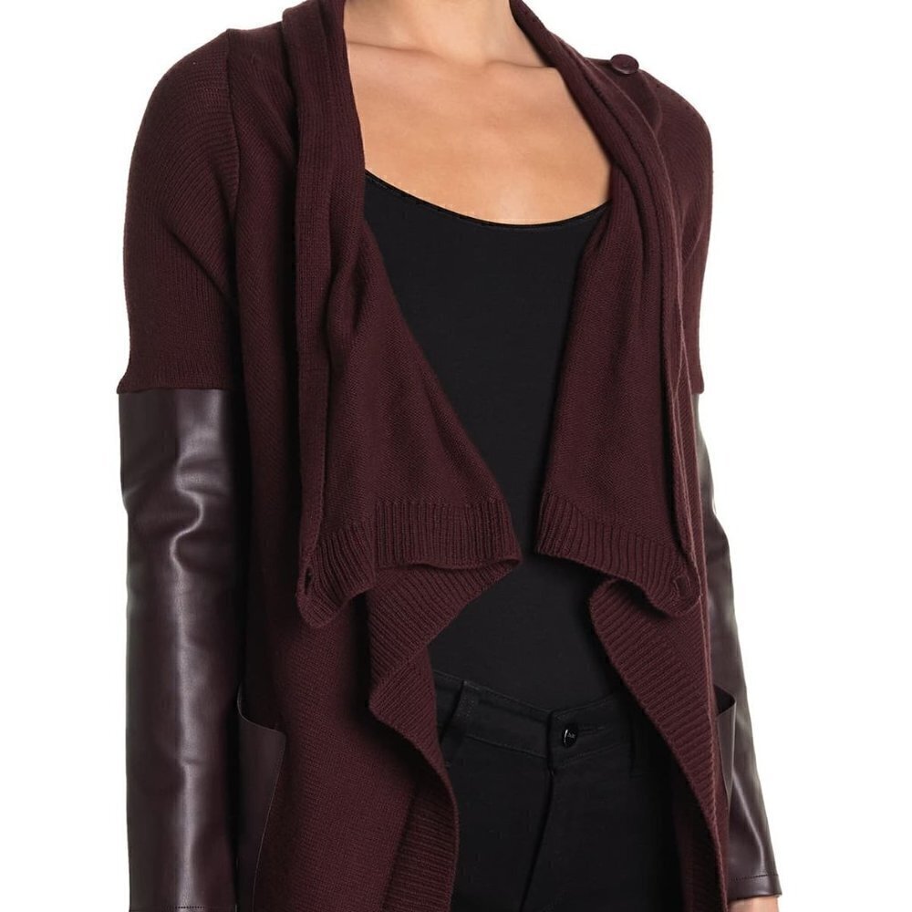 NEW BLANKNYC Faux Leather Trim High/Low Cardigan